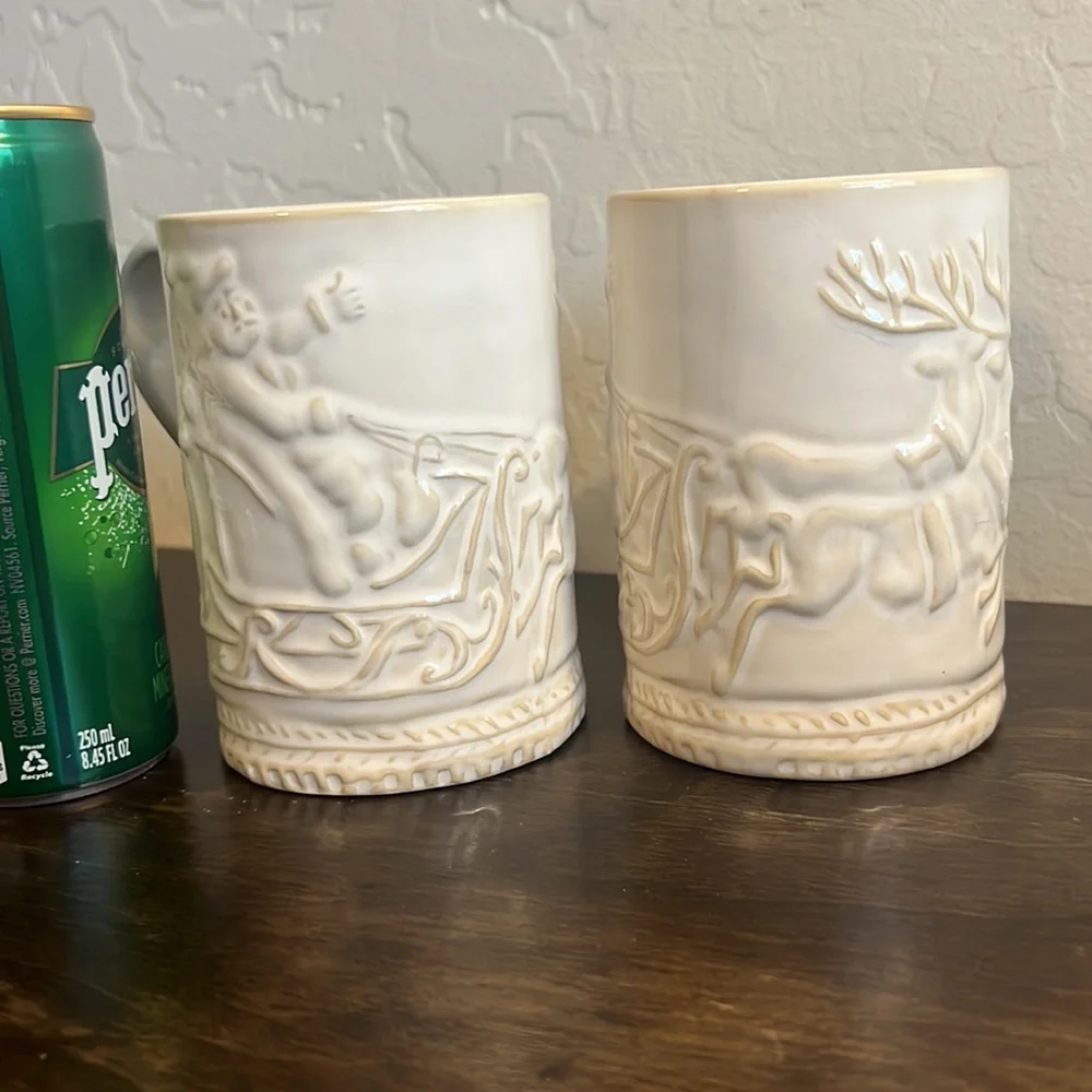 William Sonoma Christmas coffee mug, Santa, Reindeer, Sleigh. Set of 2.